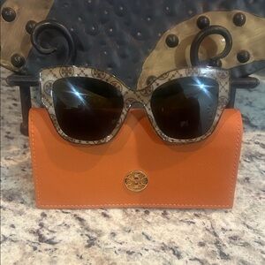 “RARE” Tory Burch Olive (TB) Logo Patterned Sunglasses with Orange Case.